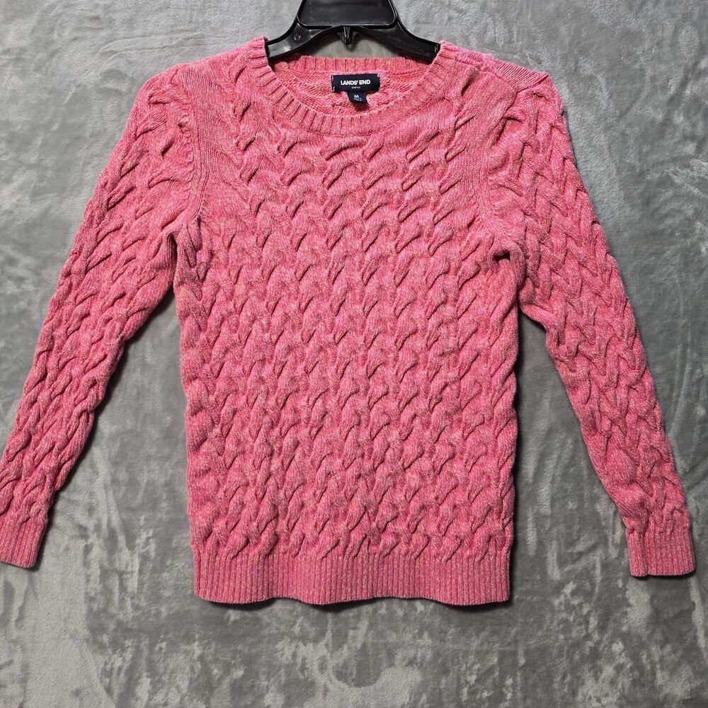 Lands' End Womens Youth Sweater Medium M 10-12 Pink Pullover Chunky Knit Cotton